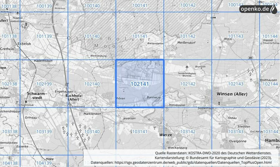 Übersichtskarte des KOSTRA-DWD-2020-Rasterfeldes Nr. 102141