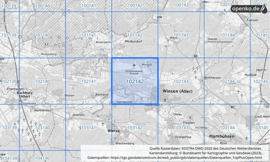 Übersichtskarte des KOSTRA-DWD-2020-Rasterfeldes Nr. 102142