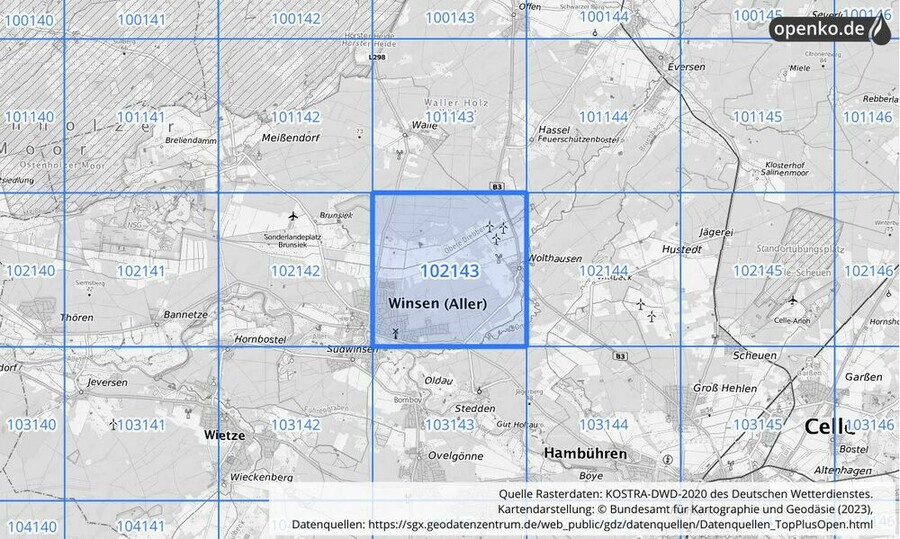 Übersichtskarte des KOSTRA-DWD-2020-Rasterfeldes Nr. 102143