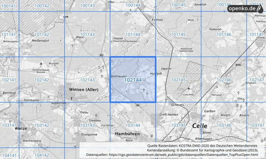 Übersichtskarte des KOSTRA-DWD-2020-Rasterfeldes Nr. 102144