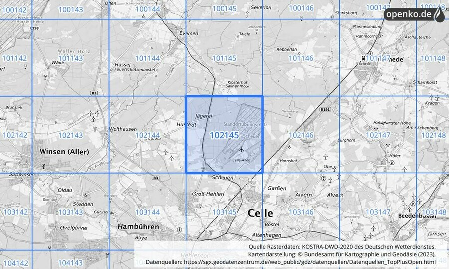 Übersichtskarte des KOSTRA-DWD-2020-Rasterfeldes Nr. 102145