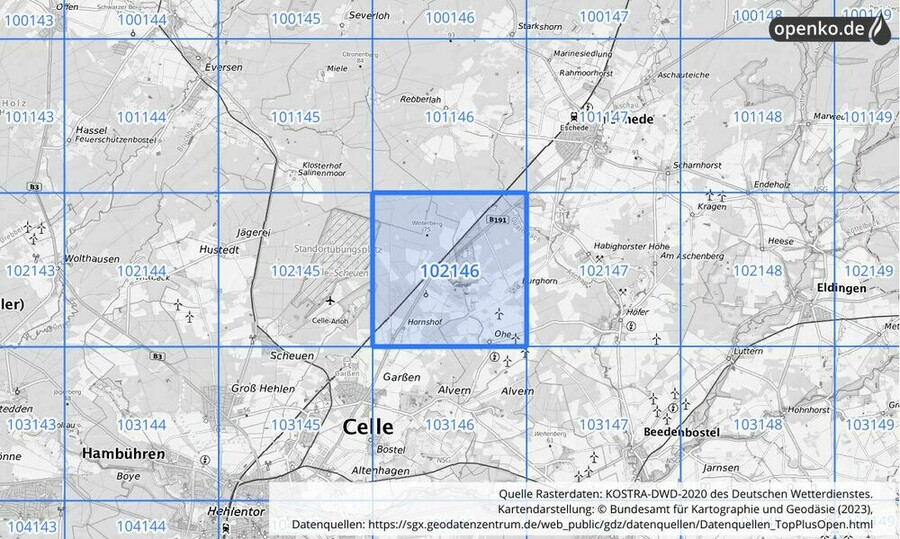 Übersichtskarte des KOSTRA-DWD-2020-Rasterfeldes Nr. 102146