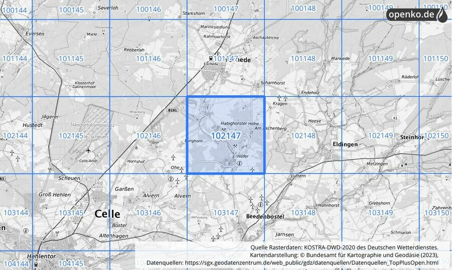 Übersichtskarte des KOSTRA-DWD-2020-Rasterfeldes Nr. 102147