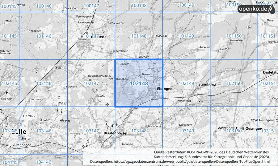 Übersichtskarte des KOSTRA-DWD-2020-Rasterfeldes Nr. 102148