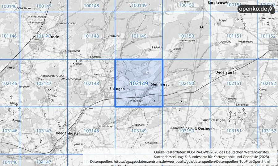 Übersichtskarte des KOSTRA-DWD-2020-Rasterfeldes Nr. 102149