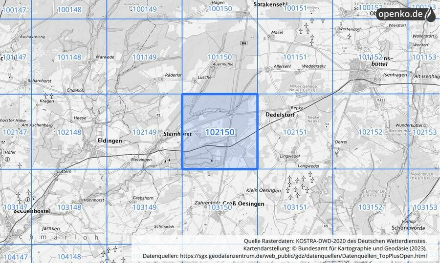 Übersichtskarte des KOSTRA-DWD-2020-Rasterfeldes Nr. 102150