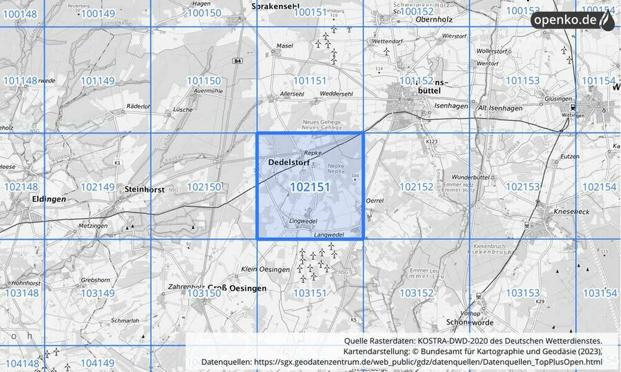 Übersichtskarte des KOSTRA-DWD-2020-Rasterfeldes Nr. 102151