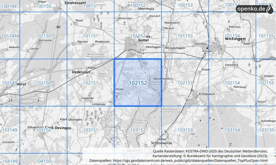 Übersichtskarte des KOSTRA-DWD-2020-Rasterfeldes Nr. 102152