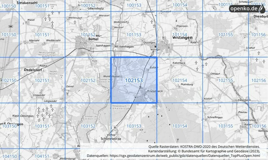 Übersichtskarte des KOSTRA-DWD-2020-Rasterfeldes Nr. 102153