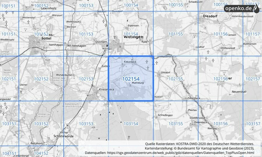 Übersichtskarte des KOSTRA-DWD-2020-Rasterfeldes Nr. 102154