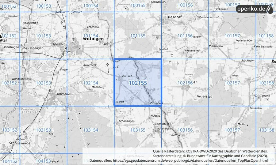 Übersichtskarte des KOSTRA-DWD-2020-Rasterfeldes Nr. 102155