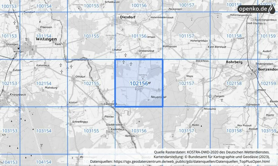 Übersichtskarte des KOSTRA-DWD-2020-Rasterfeldes Nr. 102156