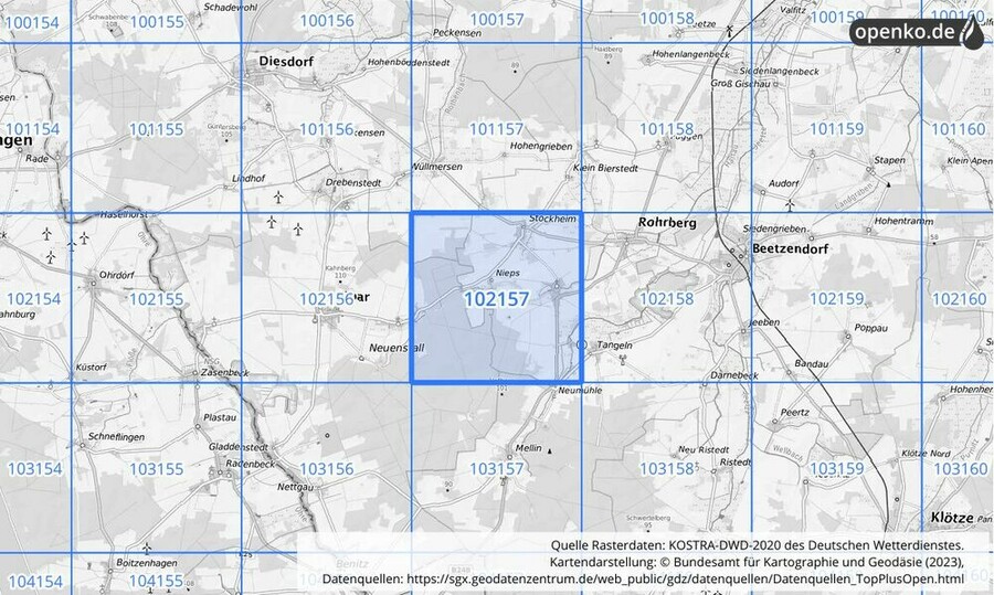 Übersichtskarte des KOSTRA-DWD-2020-Rasterfeldes Nr. 102157