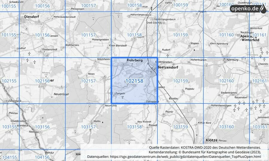 Übersichtskarte des KOSTRA-DWD-2020-Rasterfeldes Nr. 102158