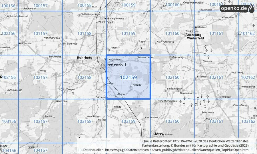 Übersichtskarte des KOSTRA-DWD-2020-Rasterfeldes Nr. 102159
