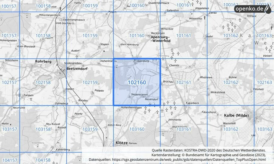 Übersichtskarte des KOSTRA-DWD-2020-Rasterfeldes Nr. 102160