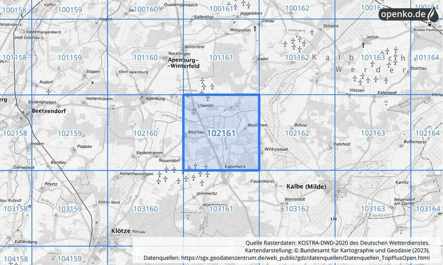 Übersichtskarte des KOSTRA-DWD-2020-Rasterfeldes Nr. 102161