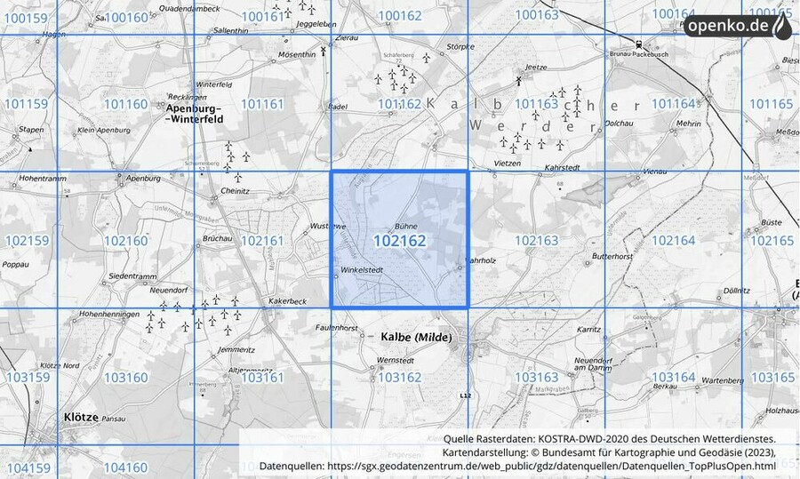 Übersichtskarte des KOSTRA-DWD-2020-Rasterfeldes Nr. 102162