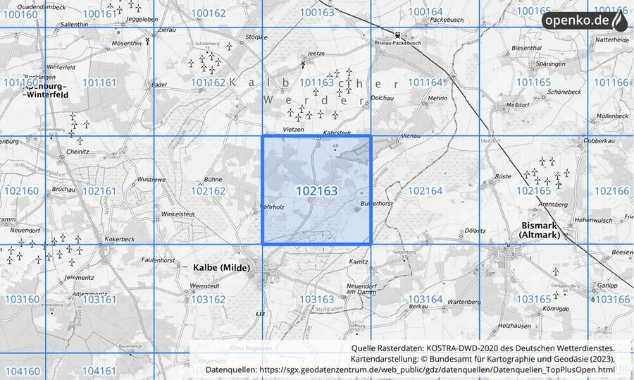 Übersichtskarte des KOSTRA-DWD-2020-Rasterfeldes Nr. 102163