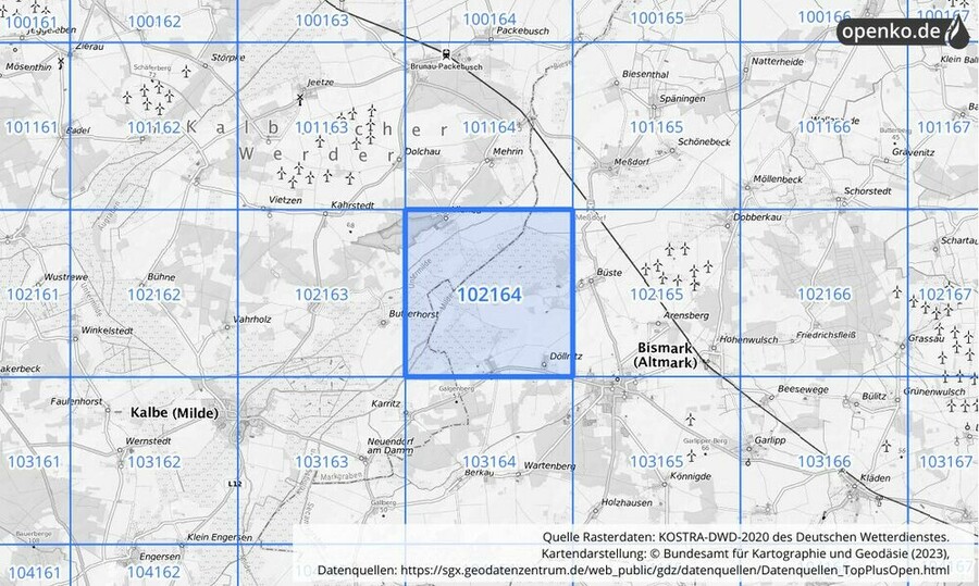 Übersichtskarte des KOSTRA-DWD-2020-Rasterfeldes Nr. 102164