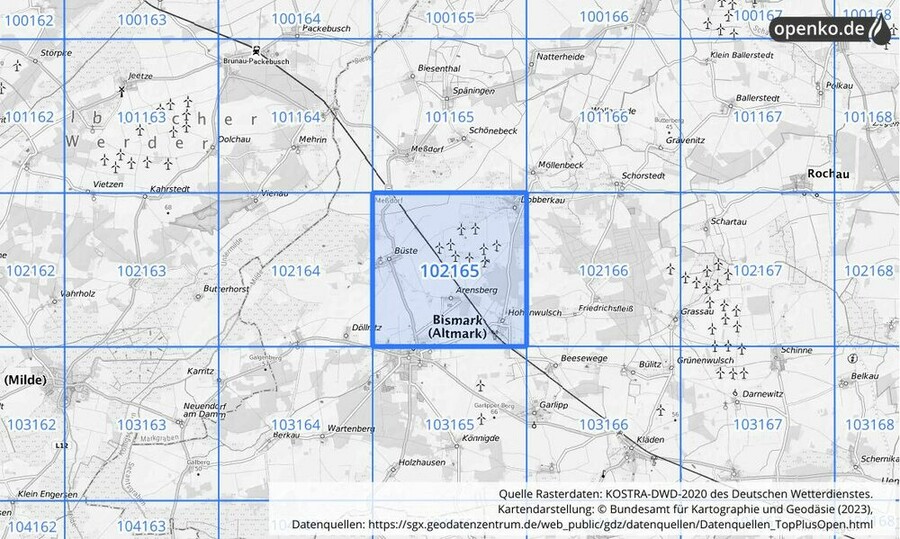 Übersichtskarte des KOSTRA-DWD-2020-Rasterfeldes Nr. 102165