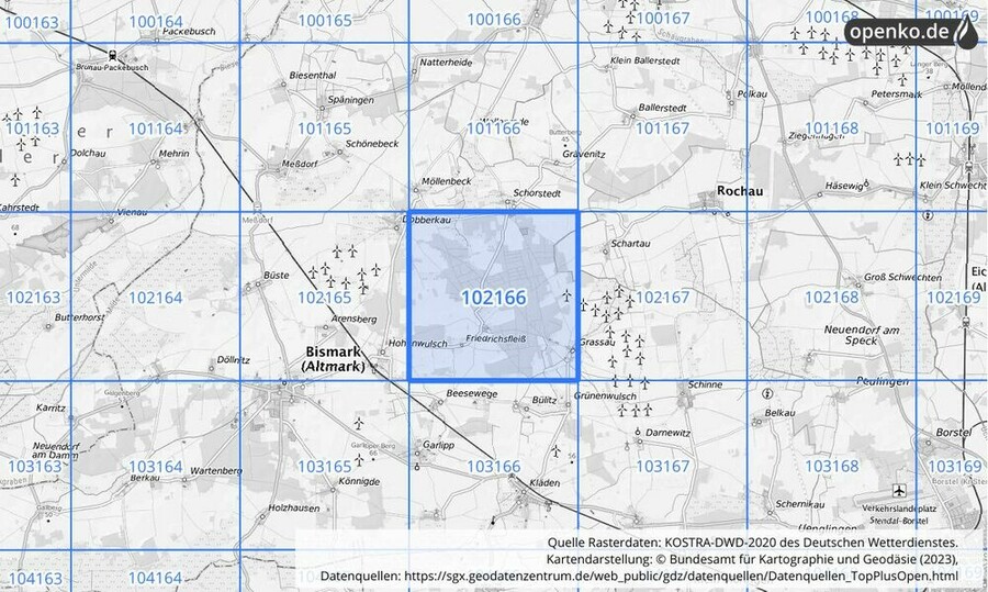 Übersichtskarte des KOSTRA-DWD-2020-Rasterfeldes Nr. 102166