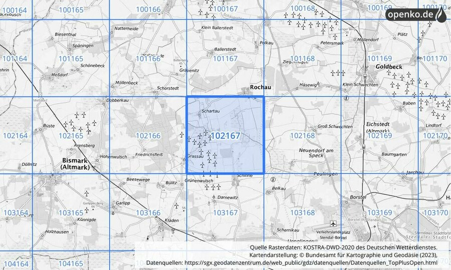 Übersichtskarte des KOSTRA-DWD-2020-Rasterfeldes Nr. 102167