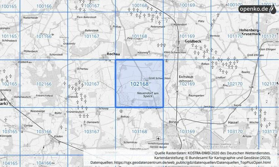 Übersichtskarte des KOSTRA-DWD-2020-Rasterfeldes Nr. 102168