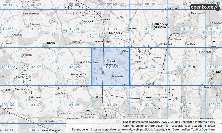 Übersichtskarte des KOSTRA-DWD-2020-Rasterfeldes Nr. 102169
