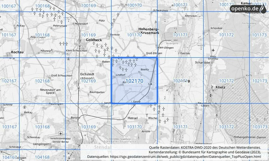 Übersichtskarte des KOSTRA-DWD-2020-Rasterfeldes Nr. 102170