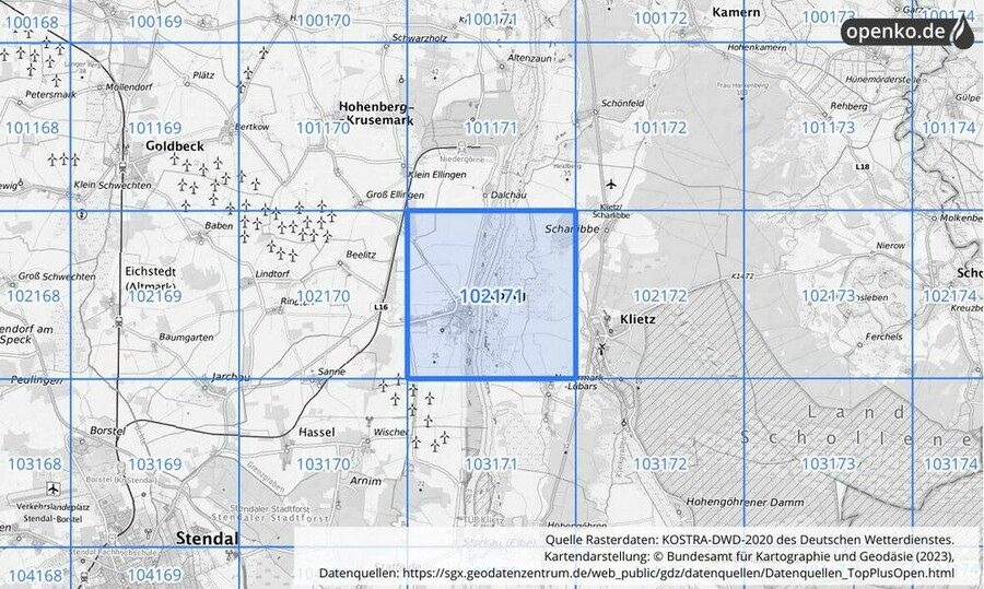 Übersichtskarte des KOSTRA-DWD-2020-Rasterfeldes Nr. 102171