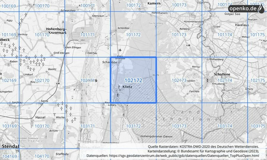 Übersichtskarte des KOSTRA-DWD-2020-Rasterfeldes Nr. 102172