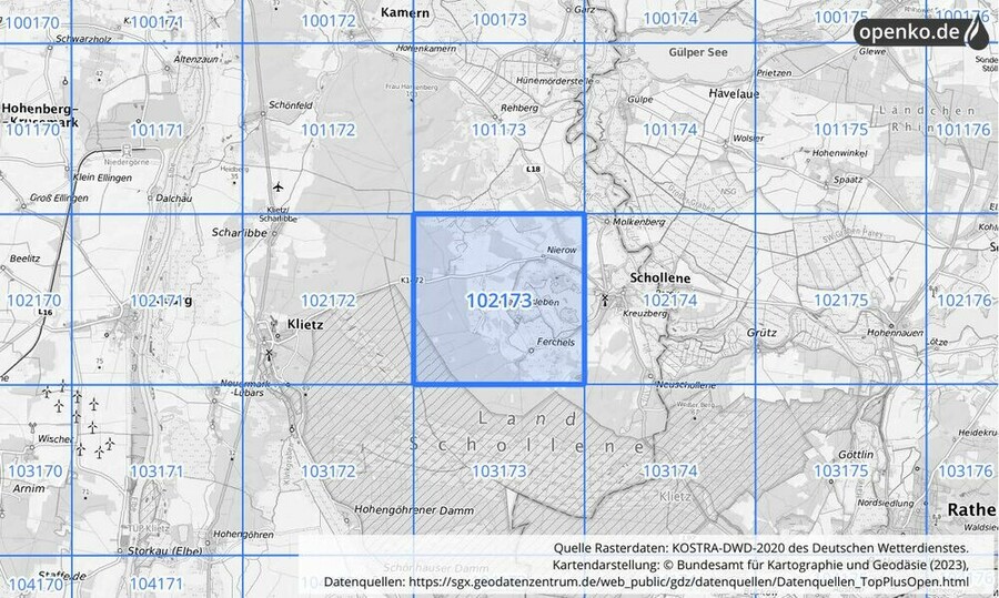 Übersichtskarte des KOSTRA-DWD-2020-Rasterfeldes Nr. 102173