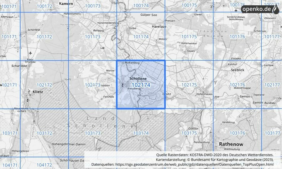 Übersichtskarte des KOSTRA-DWD-2020-Rasterfeldes Nr. 102174