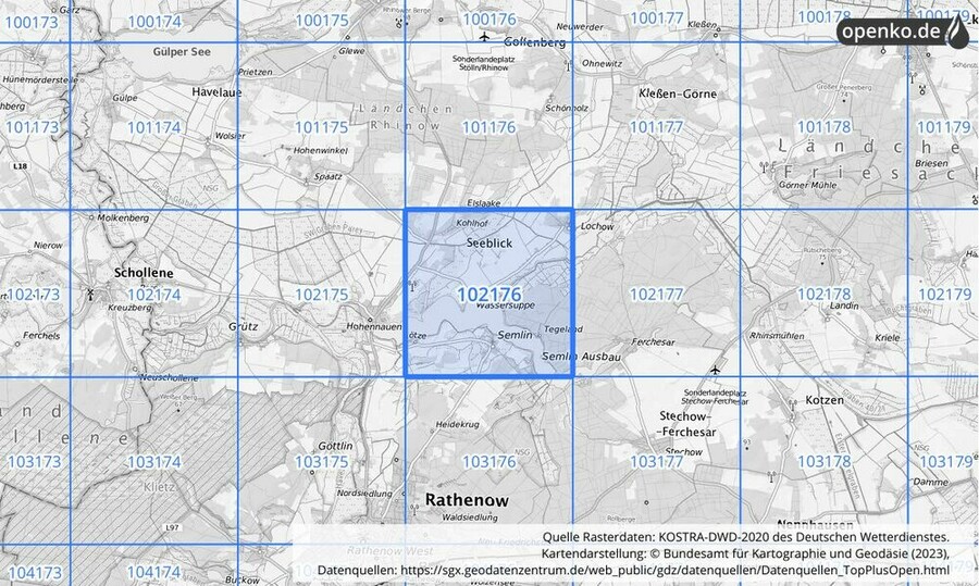 Übersichtskarte des KOSTRA-DWD-2020-Rasterfeldes Nr. 102176