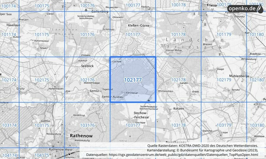 Übersichtskarte des KOSTRA-DWD-2020-Rasterfeldes Nr. 102177