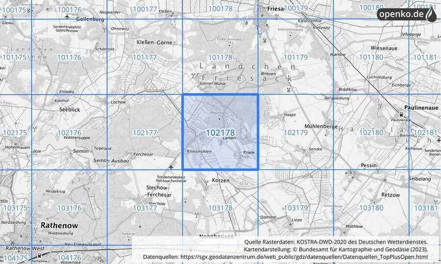 Übersichtskarte des KOSTRA-DWD-2020-Rasterfeldes Nr. 102178