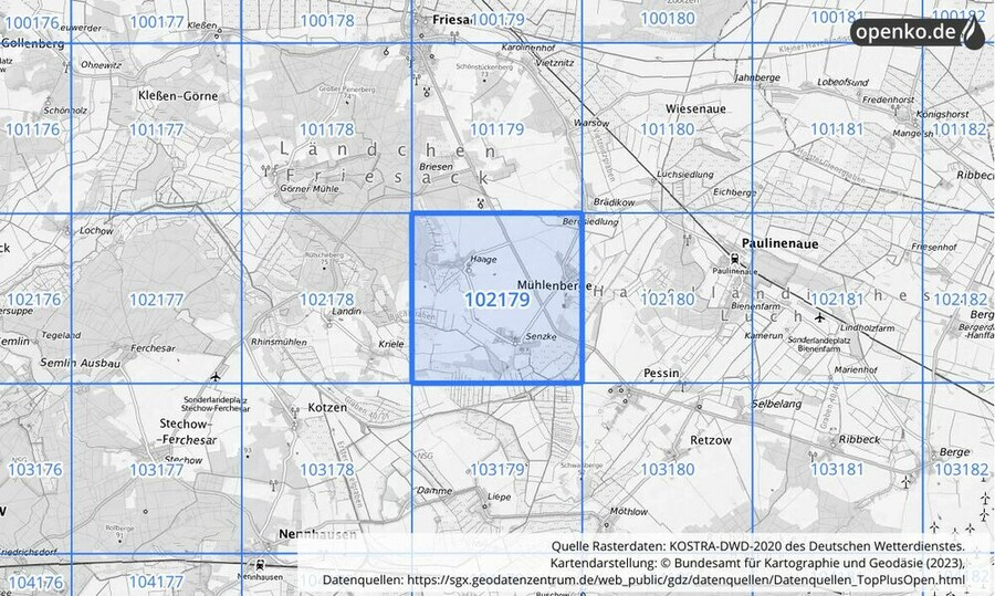 Übersichtskarte des KOSTRA-DWD-2020-Rasterfeldes Nr. 102179