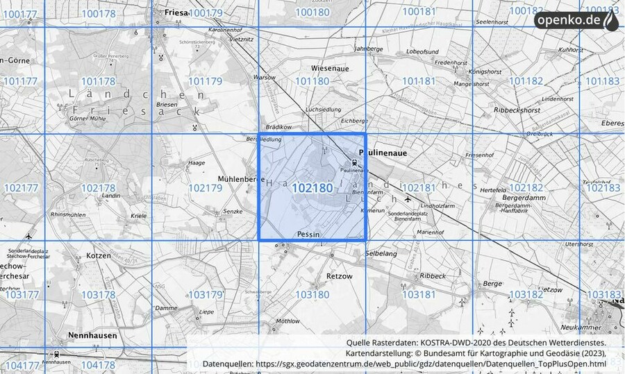 Übersichtskarte des KOSTRA-DWD-2020-Rasterfeldes Nr. 102180