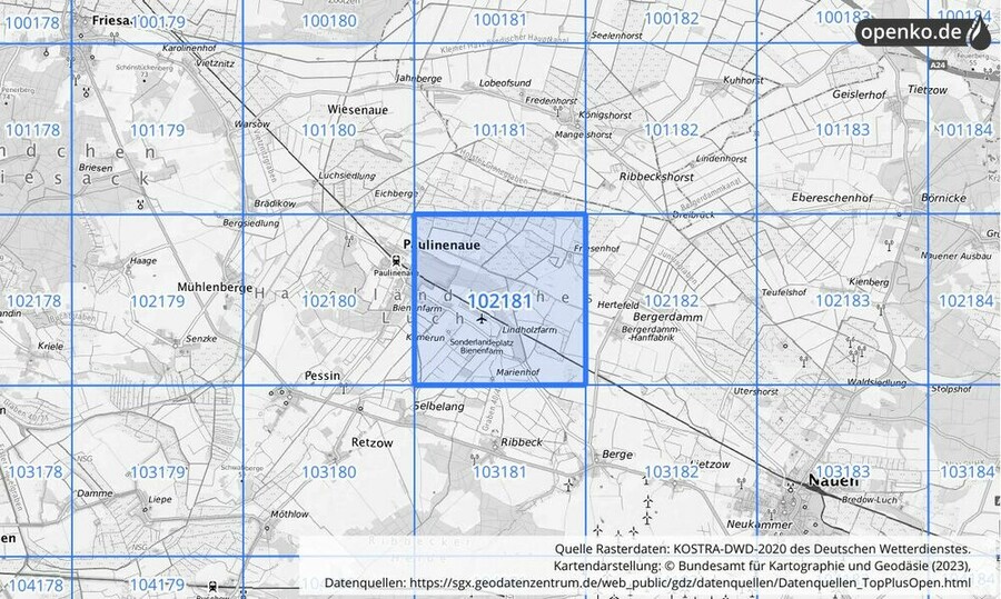 Übersichtskarte des KOSTRA-DWD-2020-Rasterfeldes Nr. 102181