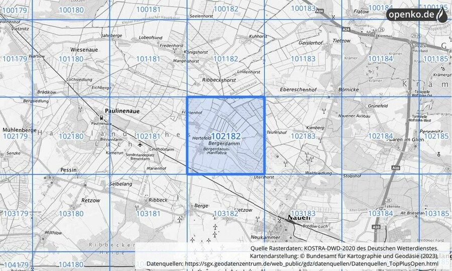 Übersichtskarte des KOSTRA-DWD-2020-Rasterfeldes Nr. 102182