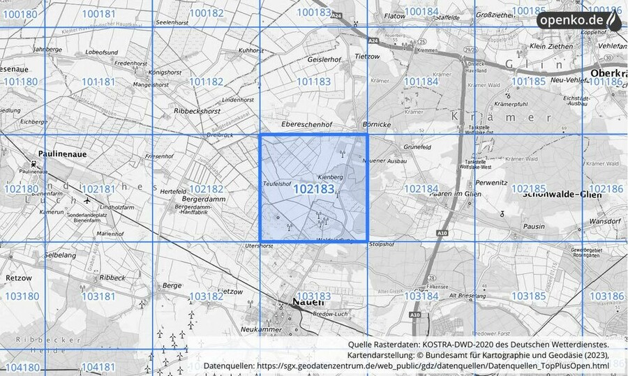 Übersichtskarte des KOSTRA-DWD-2020-Rasterfeldes Nr. 102183