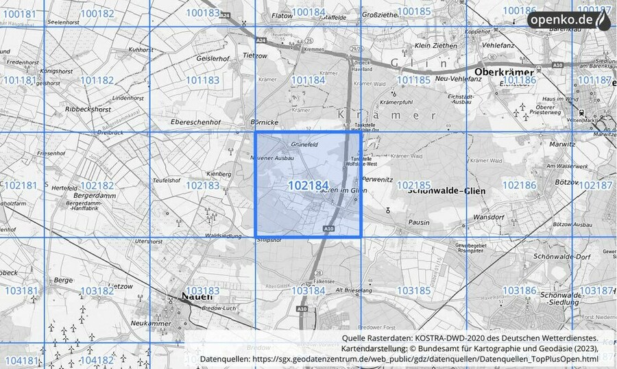 Übersichtskarte des KOSTRA-DWD-2020-Rasterfeldes Nr. 102184