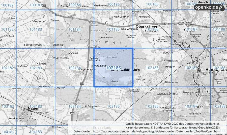 Übersichtskarte des KOSTRA-DWD-2020-Rasterfeldes Nr. 102185