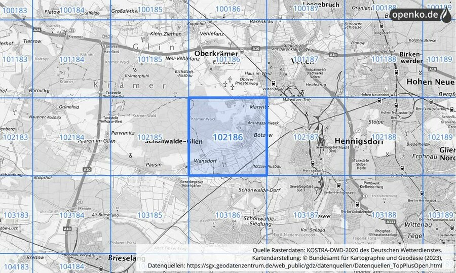 Übersichtskarte des KOSTRA-DWD-2020-Rasterfeldes Nr. 102186