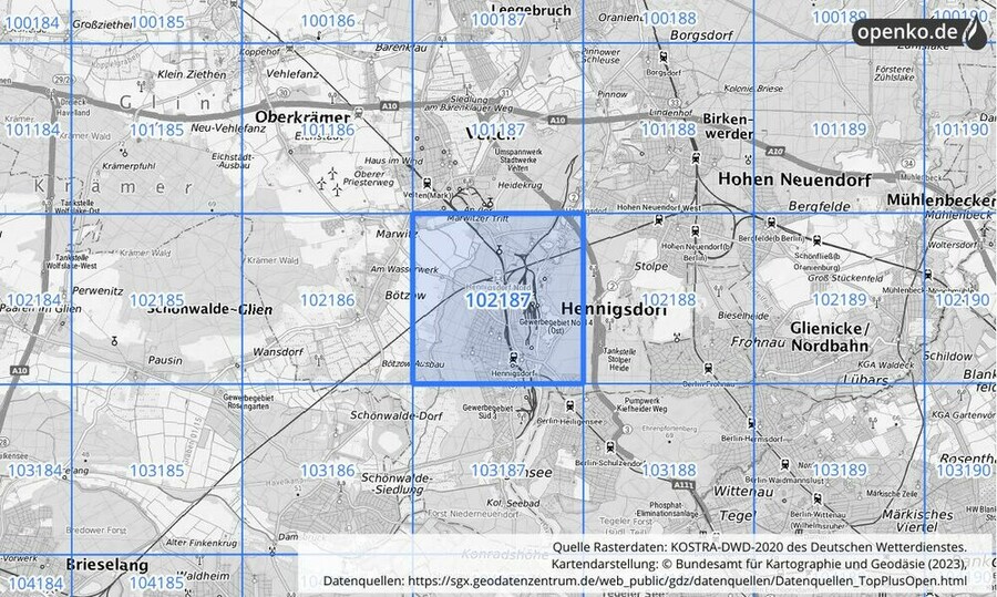 Übersichtskarte des KOSTRA-DWD-2020-Rasterfeldes Nr. 102187