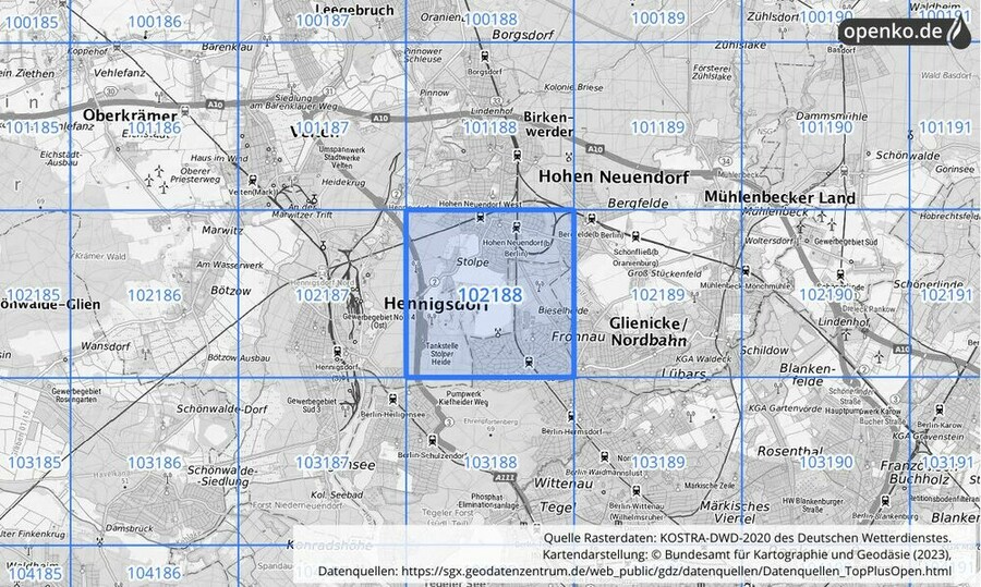 Übersichtskarte des KOSTRA-DWD-2020-Rasterfeldes Nr. 102188