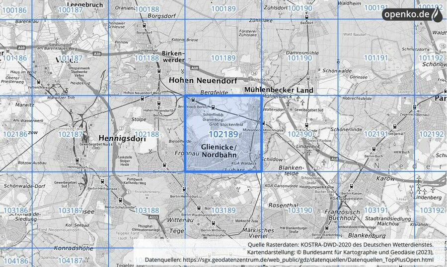 Übersichtskarte des KOSTRA-DWD-2020-Rasterfeldes Nr. 102189