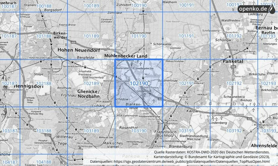 Übersichtskarte des KOSTRA-DWD-2020-Rasterfeldes Nr. 102190