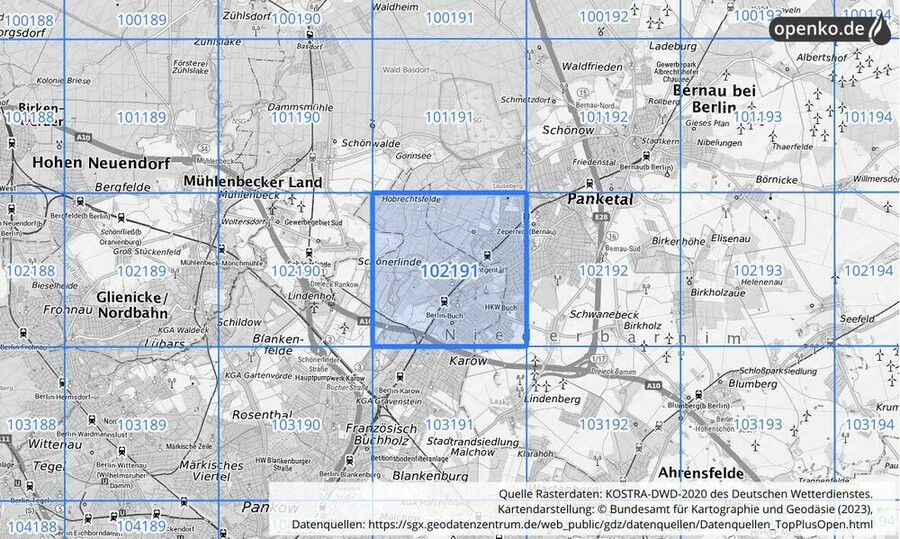 Übersichtskarte des KOSTRA-DWD-2020-Rasterfeldes Nr. 102191